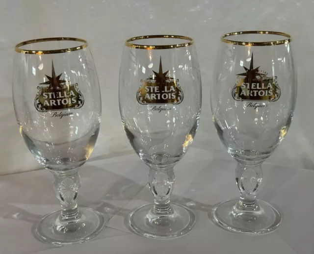 Set of 3 STELLA ARTOIS 2016 Limited Edition HOLIDAY Chalice Glass 33mL Gold Rim