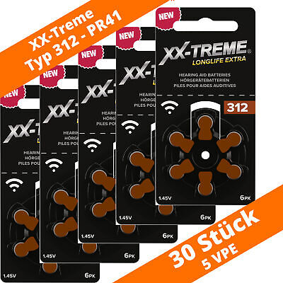 30 baterías de audífonos extra XX-TREME Longlife 312 marrón PR41 5 x 6