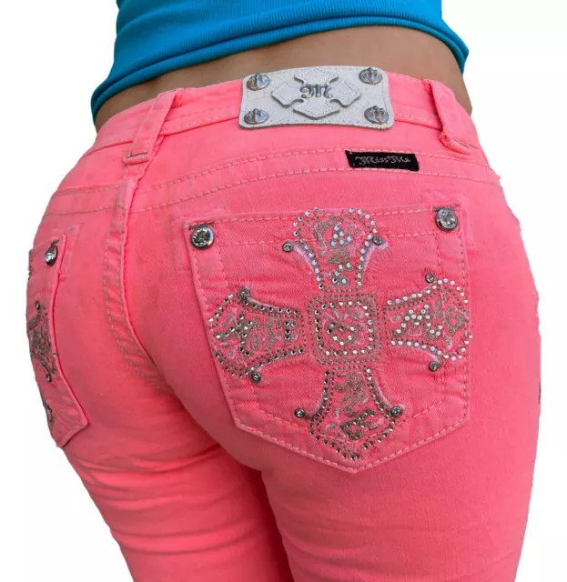 Miss Me Jeans Low Rise Rhinestone Cross Neon Pink Frayed Denim Bermuda Shorts 26