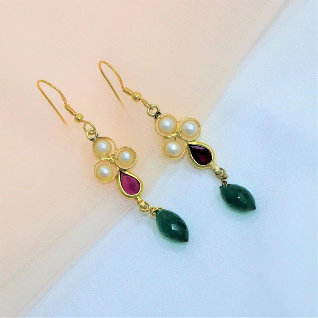 Green Onyx Pearl Drop/ Dangle 925 Sterling Silver Gold Plated Earrings