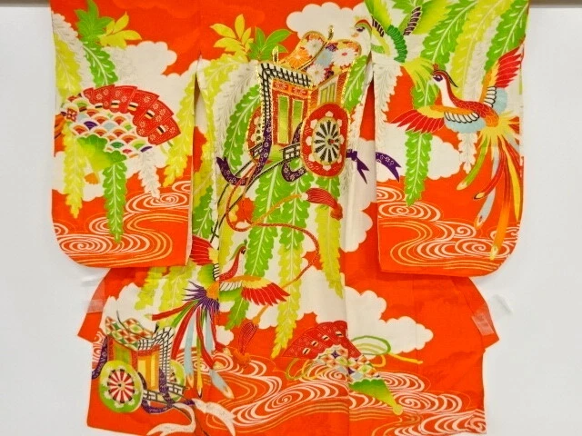 37913# Japanese Kimono / Antique Kimono For Girls / Embroidery / Carriage &