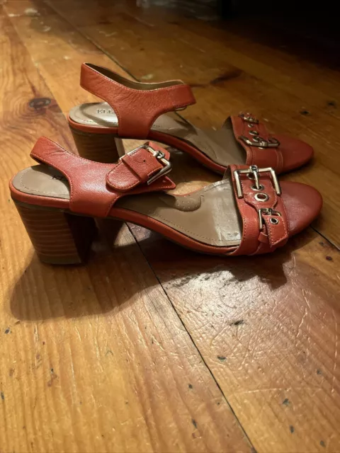 Ellen Tracy "Catalina" Size 9 M Leather Buckle Orange Ankle Block Heel Sandals