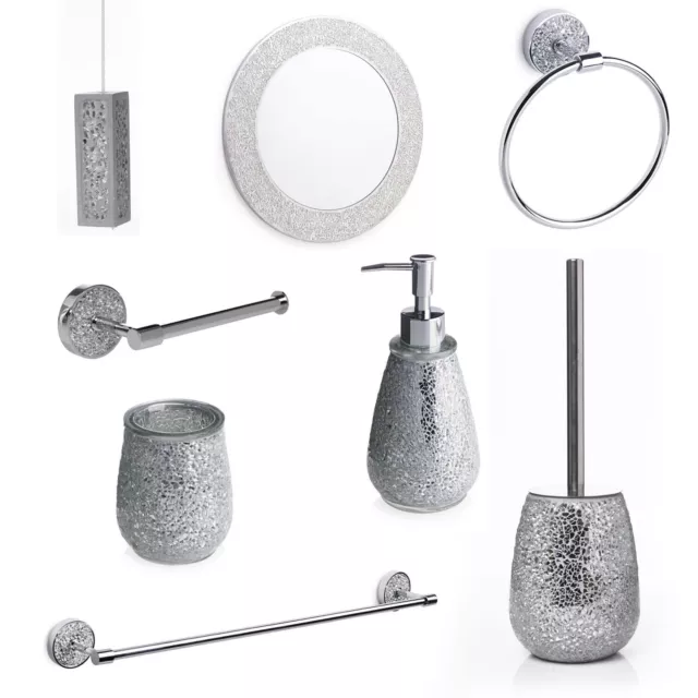 Bathroom Accessories Set Silver Mosaic Mirror Toilet Roll Holder Soap Dispenser