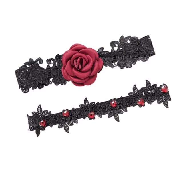 Lace Bridal Set Red Rose Flower Wedding Leg Garters