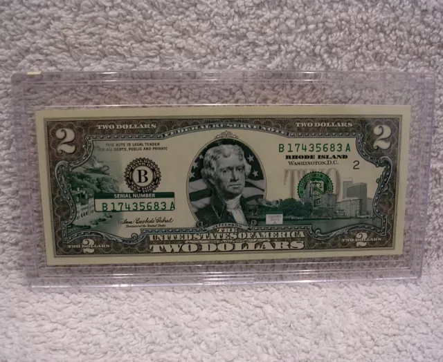 Rhode Island  $2 Two Dollar Bill Colorized State Landmark Uncirculated Authentic