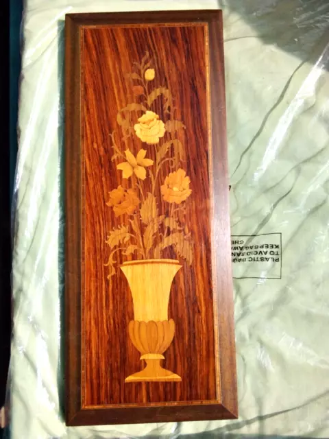 Vintage Marquetry Wood Inlay Wall Hanging Picture - Tazza Vase & Flowers