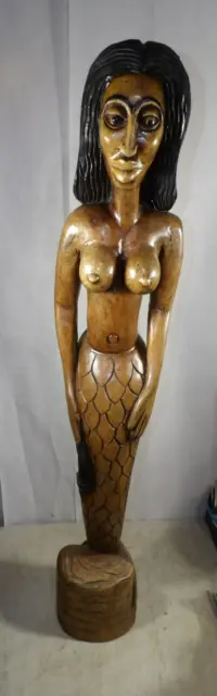 Large Vintage Hand Carved Wooden Mermaid Statue Figure 45" Tall