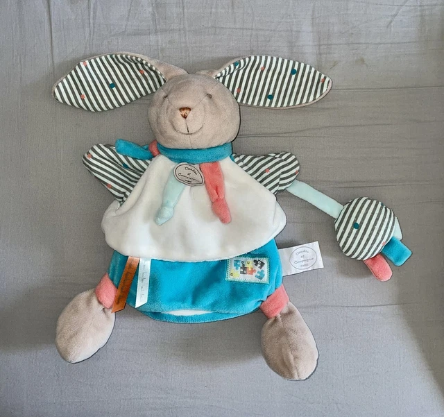 Doudou Et Compagnie Lapin marionnette Happy Puzzle Blanc Bleu