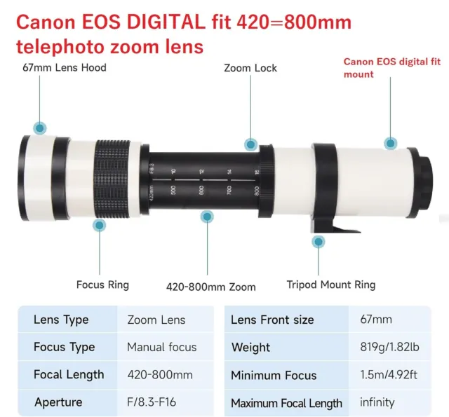 Canon EOS DSLR DIGITAL ajuste 420 800 mm lente zoom 1200D 1300D 2000D 4000D + más ++ 3