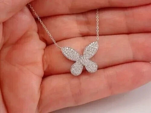 2Ct Round Cut Lab Created Diamond Butterfly Pendant 14K White Gold Plated Silver