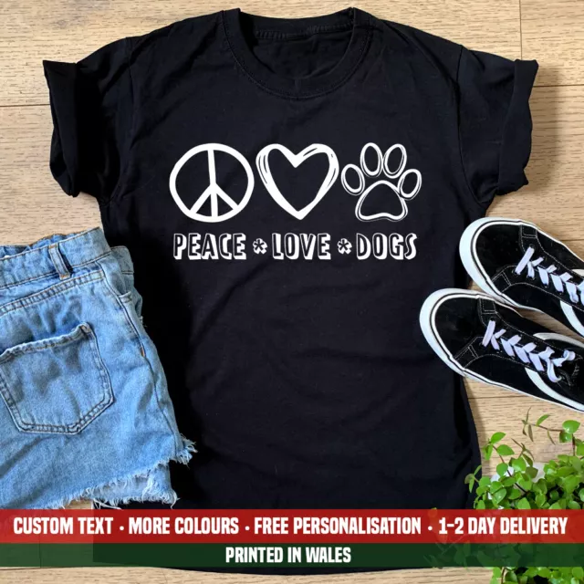 Ladies Peace Love Dogs T Shirt Funny Cute Mum Puppy Dog Mam Mom Gift Top