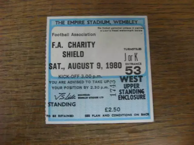 09/08/1980 Ticket: FA Charity Shield, Liverpool v West Ham United [At Wembley] B