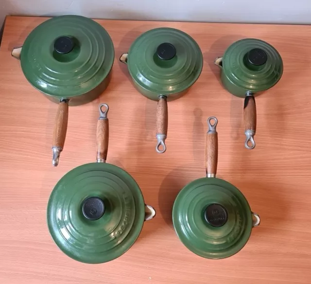 Vintage Le Creuset Heritage Green Cast Iron 5 Saucepan Set 14, 16, 18, 20, 22