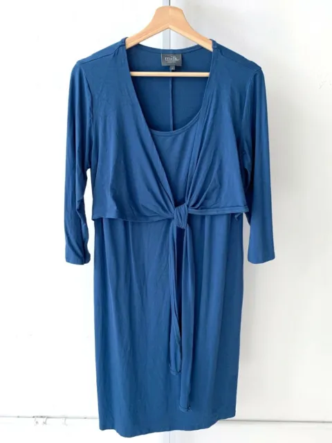 MILK Nursingwear 3/4 Sleeve Tie Front Dress Jersey Knit Breastfeeding Blue L