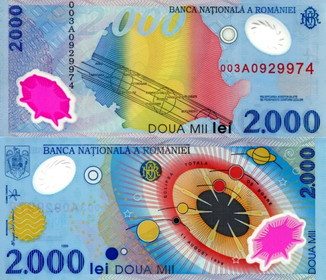 ROMANIA 2,000 Lei P-111 Polymer Banknote 1999 Solar Eclipse Commemorative - UNC!