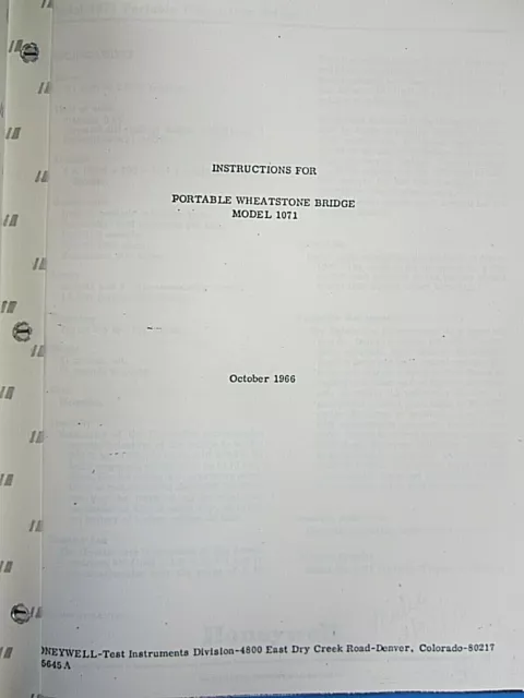 Honeywell Instructions for Portable Wheatstone Bridge Model 1071