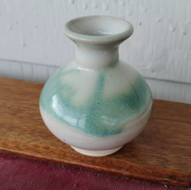 Studio Art Pottery Miniature Vase Bud Vase Green Seafoam Teal  Cream Glazed 3"
