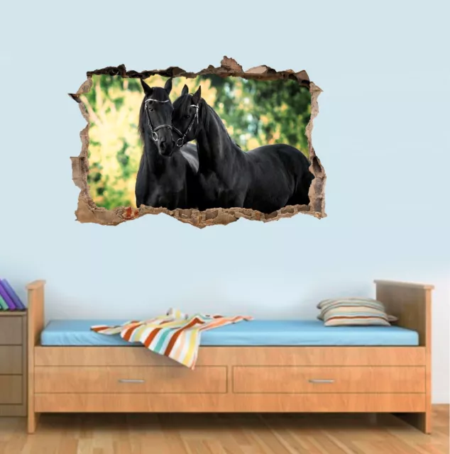3D Black Horse, Horses Hole in The Wall Art Sticker Decal Print V1