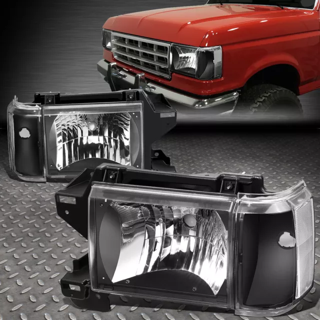 For 87-91 Ford F150 F250 Bronco Black Housing Clear Corner Headlight Head Lamps