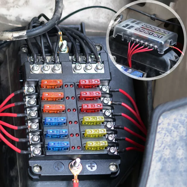 FUSE BOX WITH Negative Bus Blade Fuses Holder Block 12Way LED for Car