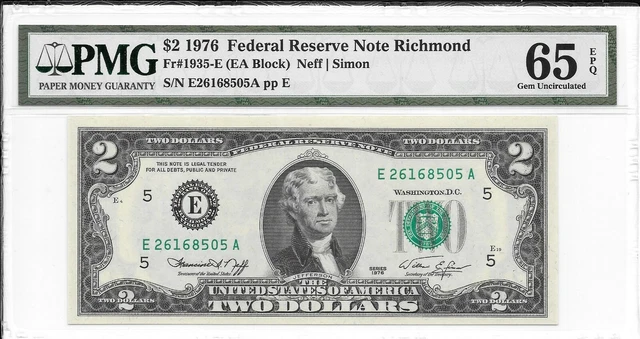 1976 Richmond $2 FRN (EA Block) PMG 65 EPQ Gem Uncirculated