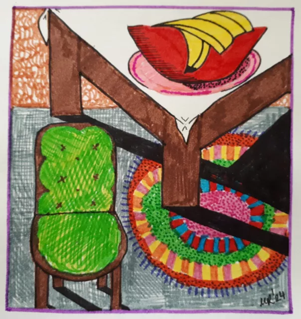 Original quadratische Tintenillustration ""Bananen und Teppich"" von Michelle Ranson