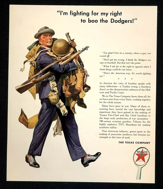 1942 Texaco WW II Advertisement Right to Boo Dodgers Baseball War Vtg Print AD