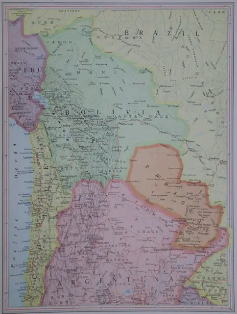 Vintage 1967 Rand McNally Atlas Map ~ BOLIVIA, PARAGUAY, CHILE, SOUTH AMERICA