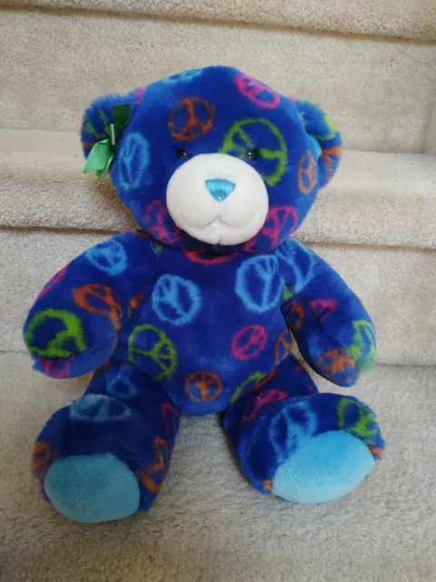 BAB Build A Bear Peace Sign Teddy Bear Dark Blue Plush 14" Stuffed Animal