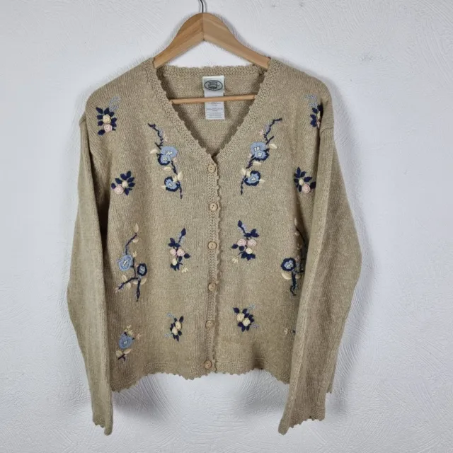 Laura Ashley Cardigan Womens Large Beige Floral Pattern Wool Blend Knitted