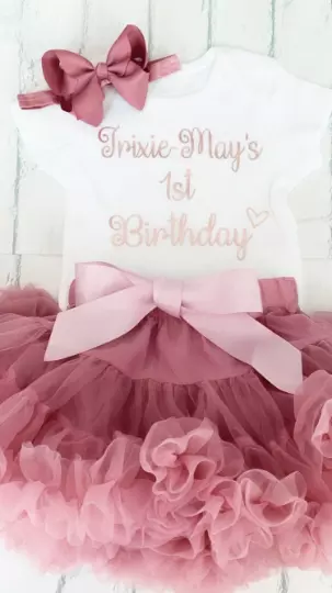 Personalised Girls 1st First Birthday Set Outfit Tutu Rose Gold Dusky Pink One