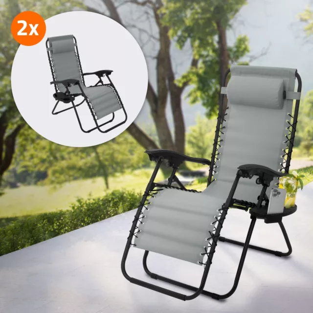 2x Tumbona plegable gris silla de playa/piscina con reposacabezas y portavasos