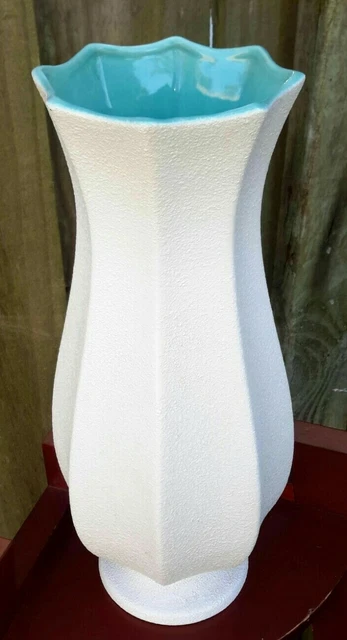 Vintage Royal Haeger 472 White & Turquoise Flower Vase Pebbled Textured USA