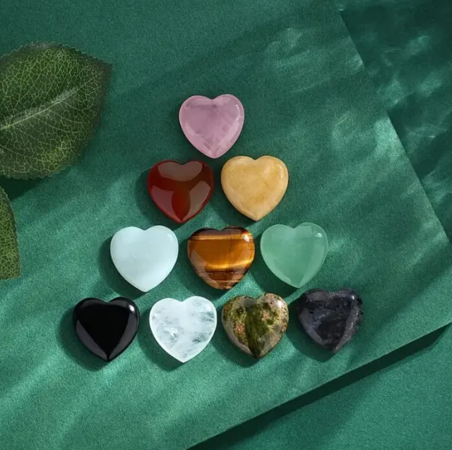 10pc Natural Heart Shaped Crystal Worry Stone Bulk Assorted Palm Pocket Healing