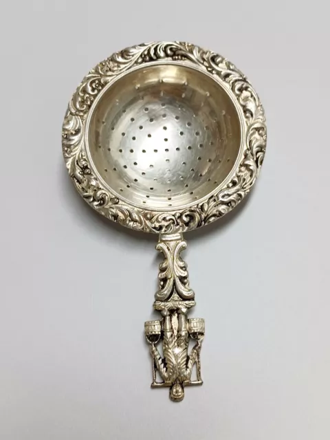 Antique art design (stunning), rare tea strainer, not Sterling, 90% pure silver.