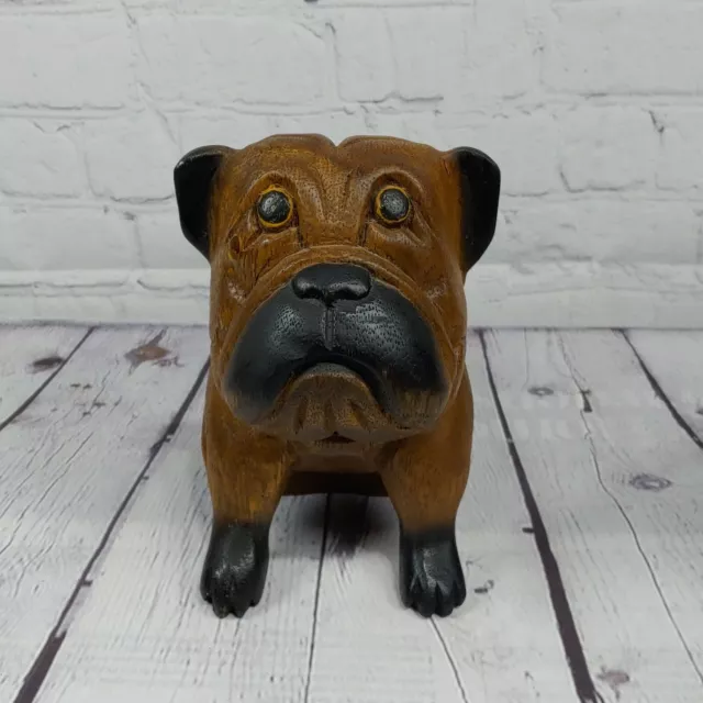 Wooden Hand Carved Wood Bulldog Figurine Statue - 6.5"