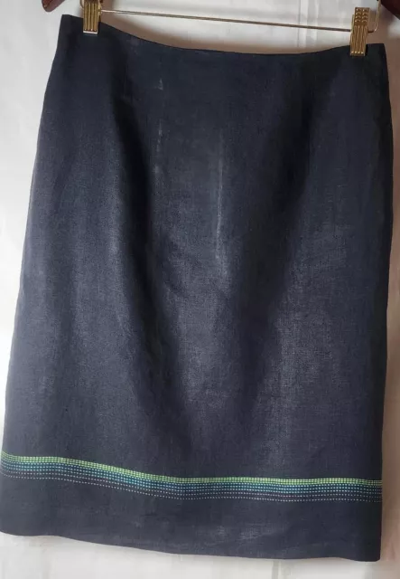 VTG 1980's Tamotsu New York Black Linen Silk Pencil Skirt Green Stitch Size 6-8