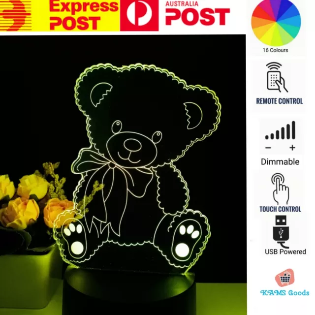 TEDDY BEAR Acrylic LED 16 Colour Night Light Table Lamp Gift Kids Birthday