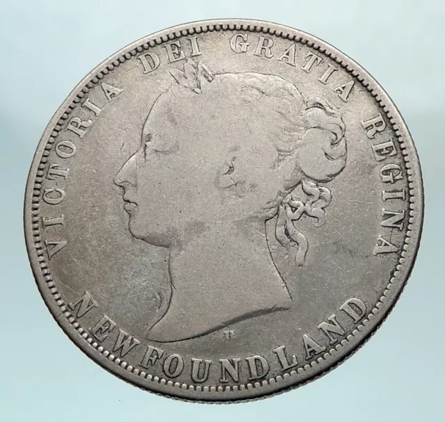 1872 H CANADA NEWFOUNDLAND UK Queen VICTORIA Genuine Silver 50 Cents Coin i81049