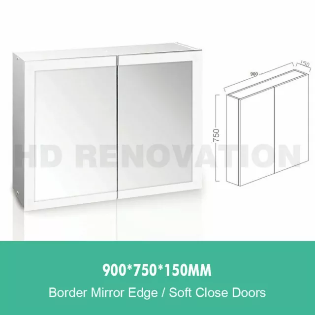 900*750*150mm Mirror Shaving Cabinet Framed Edge 2 Door Soft Close 2
