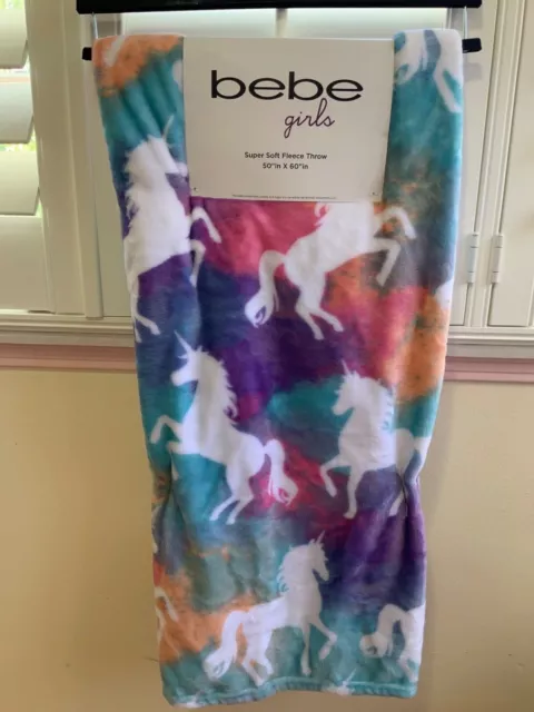 bebe Girls Plush Throw Blanket 50" x 60", Unicorns, Purple Pink Blue Multi Color