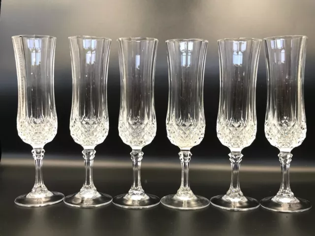 6 x Cristal d’arques Longchamp Champagne Flute Crystal Glasses - 125ml - France