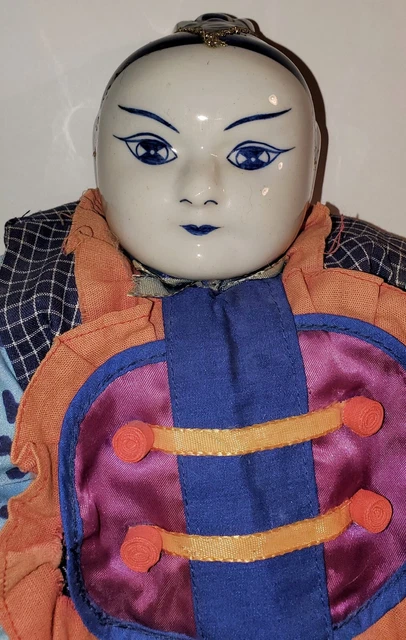 Vintage Chinese Ceremonial Doll Collectible 23" Porcelain Hands Feet Delft Head