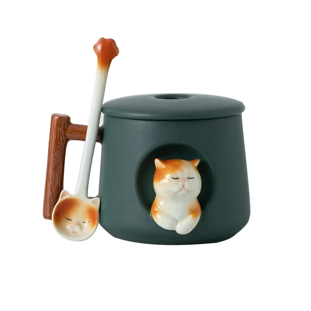 Adorable 3D Ceramic Cat Mug with Lid and Spoon - Perfect for Coffee, Tea, Milk,