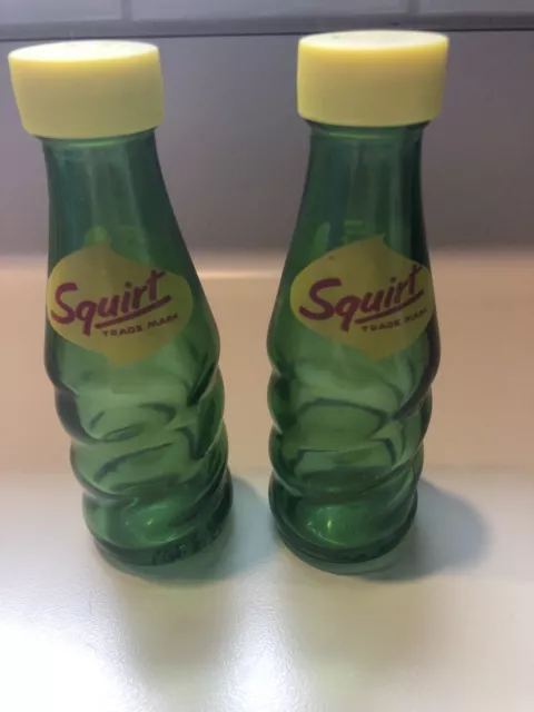 Advertising Squirt Soda Salt and Pepper  Shakers Green Glass and Yellow Plastic