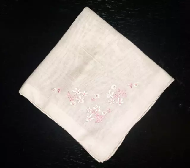 Vintage Pink/White Embroidered Floral Handkerchief Pocket Scarf