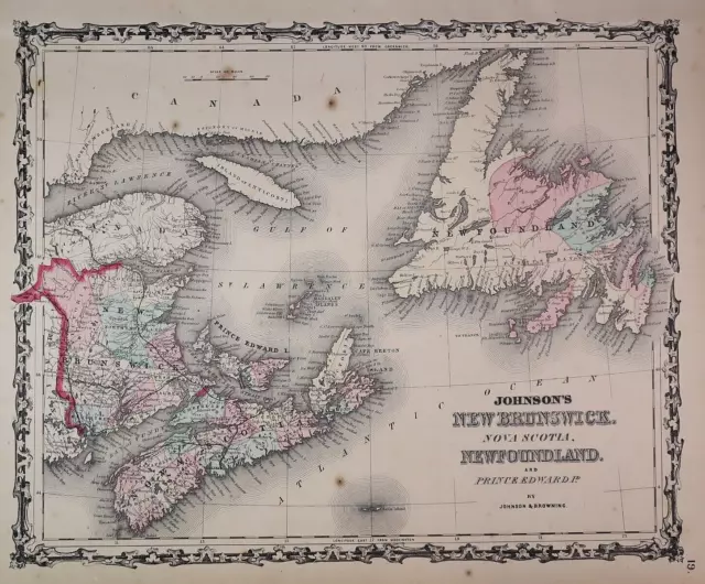 Antique 1862 Johnson Atlas Map ~ CANADIAN MARITIMES ~ (14x18) Free S&H -#1412