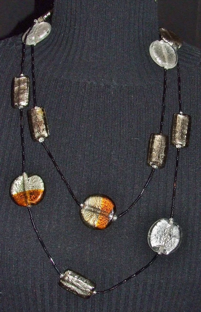 Long Collier Sautoir Vintage - Pâte De Verre Noir Et Argent - Création Unique - Excellent état