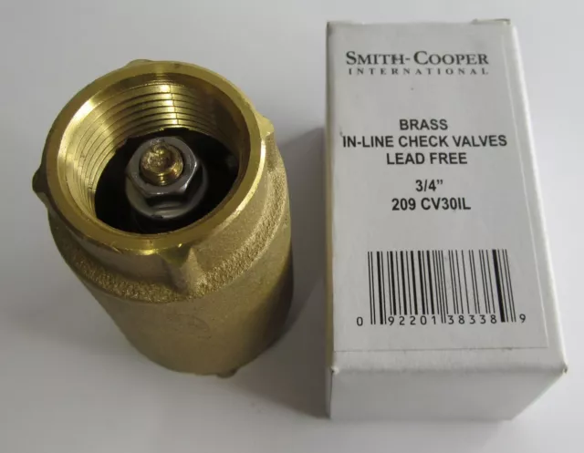 New Smith-Cooper Lead Free Inline Brass Spring Check Valve 3/4" Threaded 200-Psi