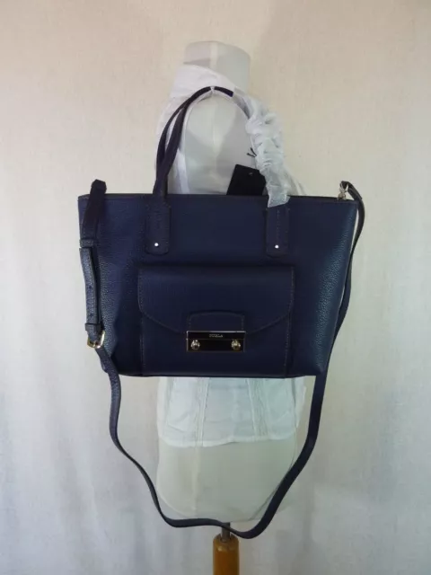 NWT FURLA Navy Pebbled Leather Small Julia Tote Bag $368 - Made in Italy